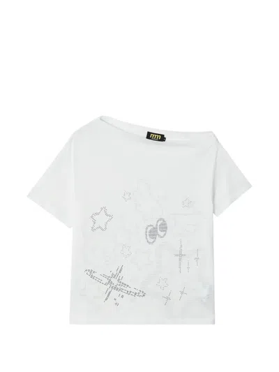 Mini Cream Rhinestone-embellished Asymmetric-collar Cotton T-shirt In Gray