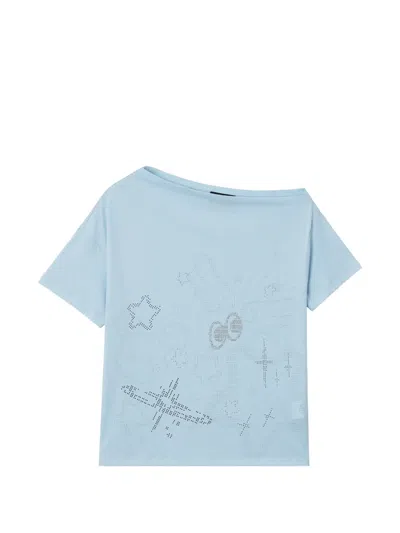 Mini Cream Rhinestone-embellished Asymmetric-neck Cotton T-shirt In Blue