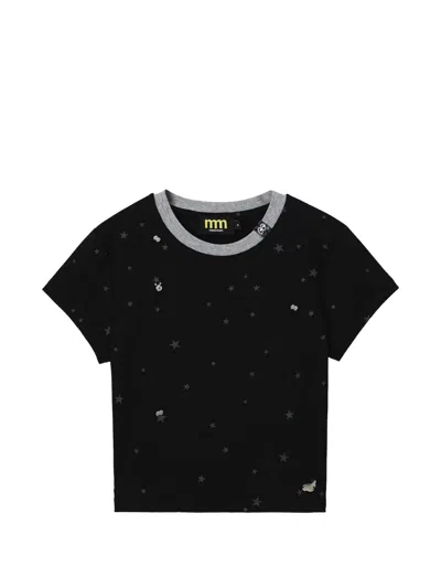 Mini Cream Star Print Ribbed T-shirt In Black