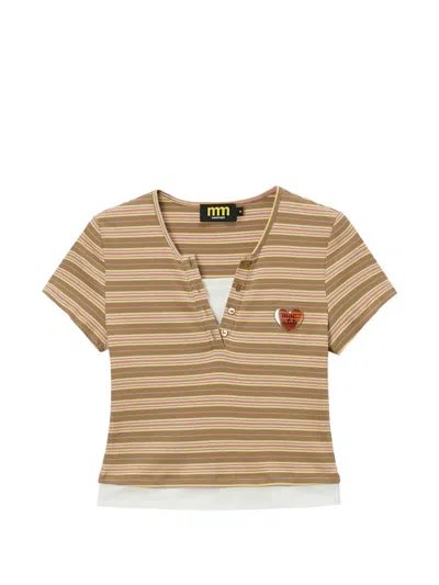 Mini Cream Striped Button-detail T-shirt In Brown