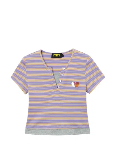 Mini Cream Striped Heart Cotton T-shirt In Purple