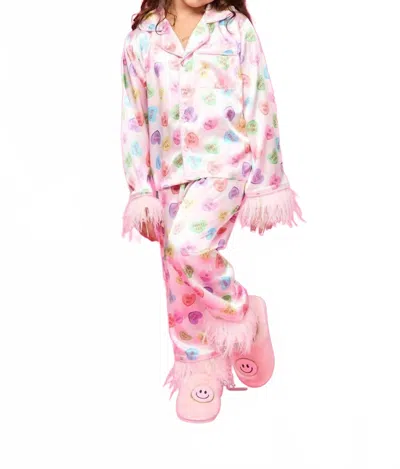Mini Dreamers Kids' Girl's Sweetheart Feather Trim Silky Pajama Set In Pink Multi