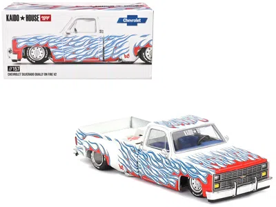 Mini Gt Chevrolet Silverado Dually Pickup Truck "on Fire V2" White Metallic With Blue Flames And Blue Interi
