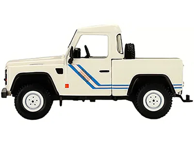 Mini Gt Land Rover Defender 90 Pickup Truck White With Blue Stripes Limited Edition To 3000 Pieces Worldwide