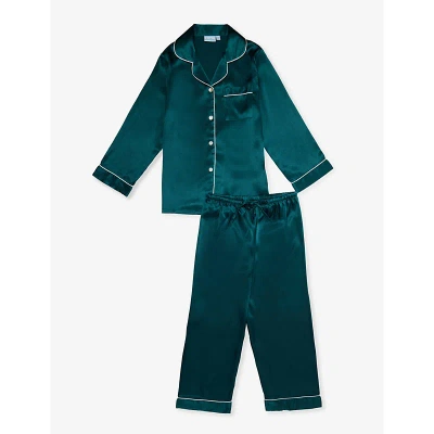 Mini Lunn Girls Green Kids Contrast-piping Patch-pocket Satin Pyjamas 2-9 Years