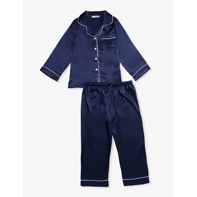 Mini Lunn Girls Navy Kids Contrast-piping Patch-pocket Satin Pyjamas 2-5 Years
