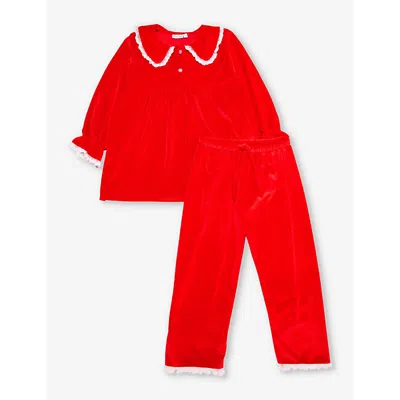 Mini Lunn Girls Red Kids Peter Pan-collar Frilled Trim Velvet Pyjamas 2-9 Years