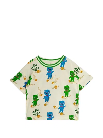 Mini Rodini Kids' Aliens-print Striped-neckline T-shirt In Neutral