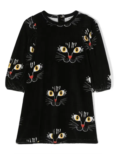 Mini Rodini Kids' Angry Cat Velour Dress In Black