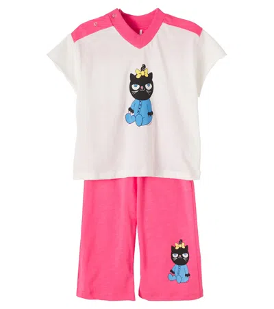 Mini Rodini Baby Cat Printed Cotton Top And Pants Set In Pink