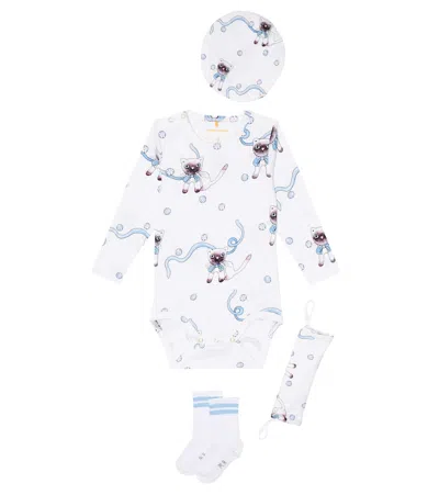 Mini Rodini Baby Cotton-blend Romper, Hat And Socks Set In Light Blue
