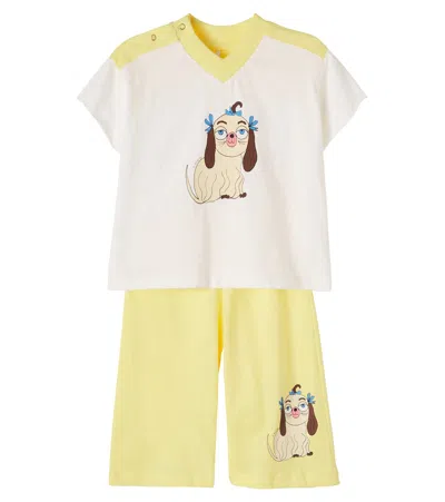 Mini Rodini Baby Dog Printed Jersey Top And Pants Set In Yellow