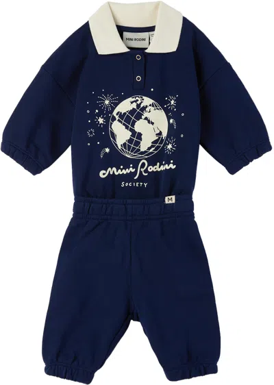 Mini Rodini Baby Navy Society Bodysuit & Sweatpants Set In 60 Blue
