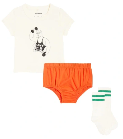 Mini Rodini Baby Weight Lifting Top, Pants, And Socks Set In Offwhite
