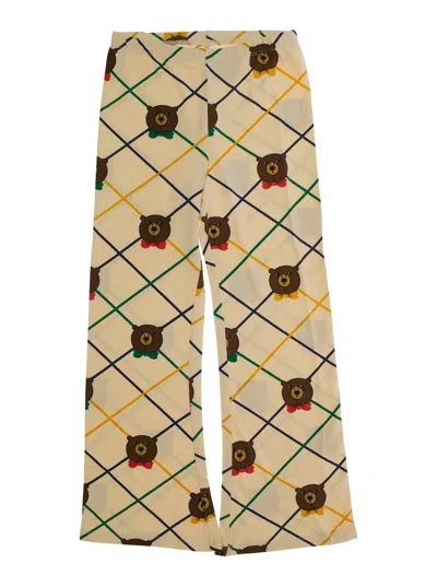 Mini Rodini Kids' Beige Flared Pants With All-over Check Motif And Bear Print In Cotton Stretch Girl In Multi