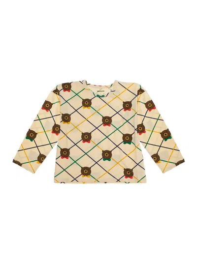 Mini Rodini Kids' Beige Long-sleeve T-shirt With All-over Check Motif And Bear Print In Cotton Girl In Multi