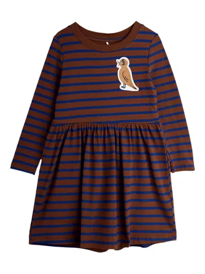 Mini Rodini Kids' Bird-appliqué Striped Dress In Burgundy