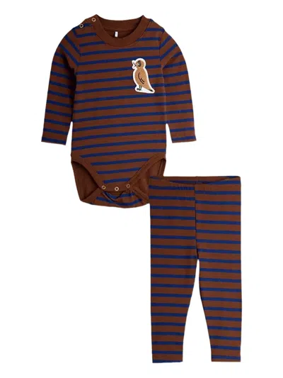 Mini Rodini Babies' Bird-patch Striped Trousers Set In Brown