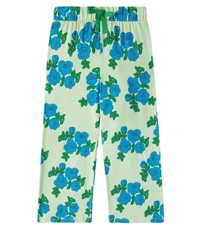 Mini Rodini Kids' Blue Roses Cotton-blend Pants In Green