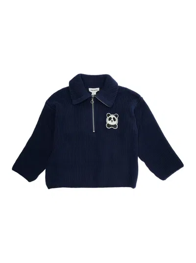 MINI RODINI BLUE SWEATER WITH CLASSIC COLLAR AND PANDA PATCH ON THE FRONT IN COTTON BOY