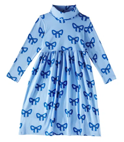 Mini Rodini Kids' Bow Turtleneck Cotton-blend Jersey Dress In Blue