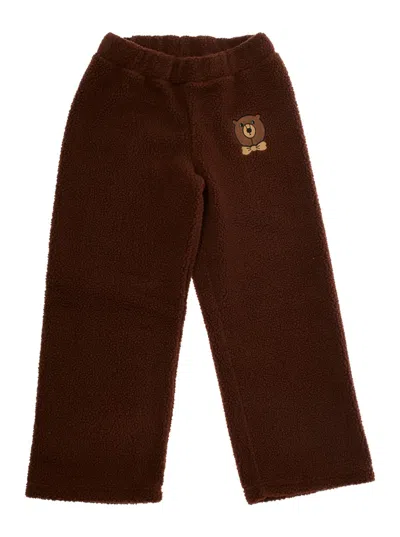 Mini Rodini Kids' Brown Trousers With Elastic Waist And Front Logo Patch In Faux Fur Girl