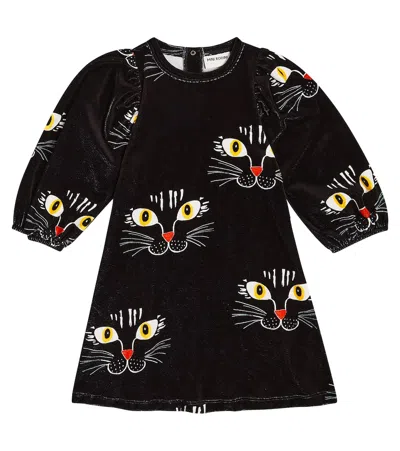 Mini Rodini Kids' Girls Black Cotton Velour Cat Dress