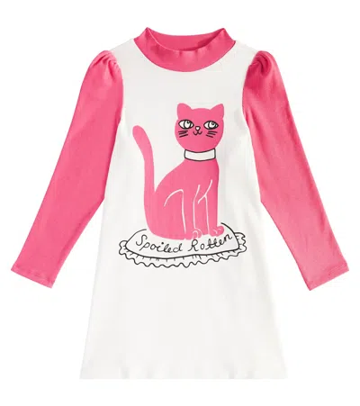 Mini Rodini Kids' Cat Printed Cotton-blend Jersey Dress In White