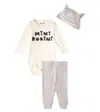 Mini Rodini Cats Bodysuit, Beanie, And Sweatpants Set In White