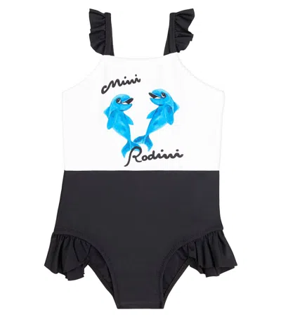 Mini Rodini Kids' Dolphins Ruffled Swimsuit In Black
