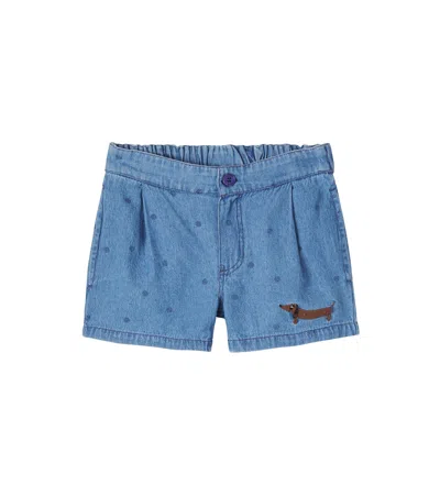 Mini Rodini Kids' Embroidered Polka-dot Denim Shorts In Blue