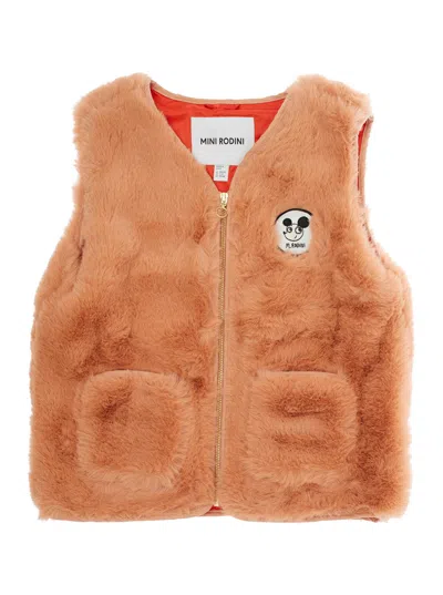 Mini Rodini Kids'  Faux Fur Logo-patch Vest In Brown