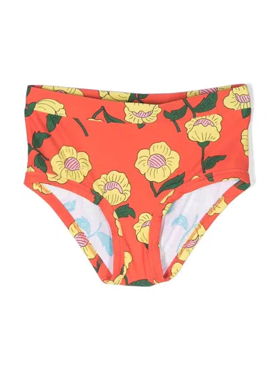 Mini Rodini Kids' Flowers High Waisted Swim Pants In Red