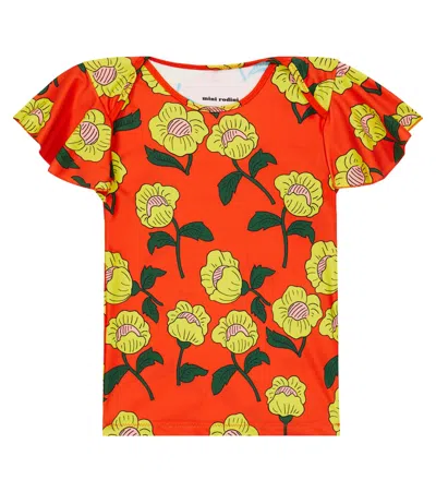 Mini Rodini Kids' Flowers Printed Swim Top In Orange
