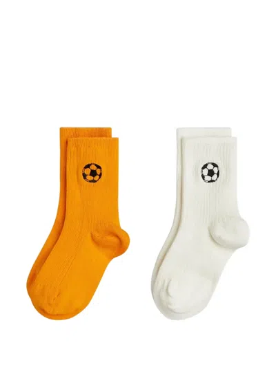 Mini Rodini Kids' Football-embroidered Ribbed Socks (set Of Two) In Orange