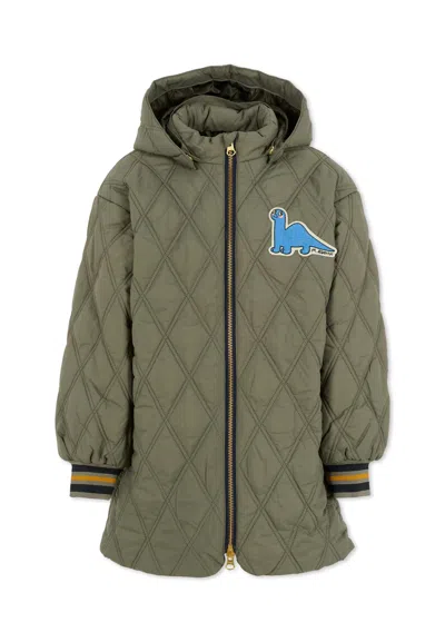 Mini Rodini Kids' Gey Down Jacket For Boy With Dinosaur In Green