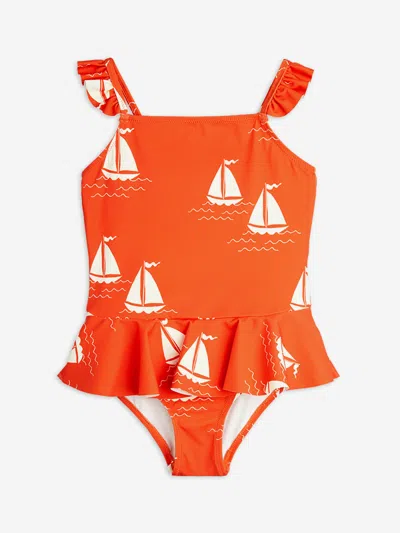Mini Rodini Babies'  Girls Sailing Boats Aop Skirt Swimsuit In Orange