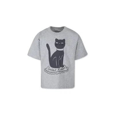 Mini Rodini Gray T-shirt For Kids With Black Cat In Grey