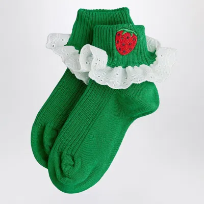 Mini Rodini Kids' Green Socks With Embroidered Strawberries And Lace