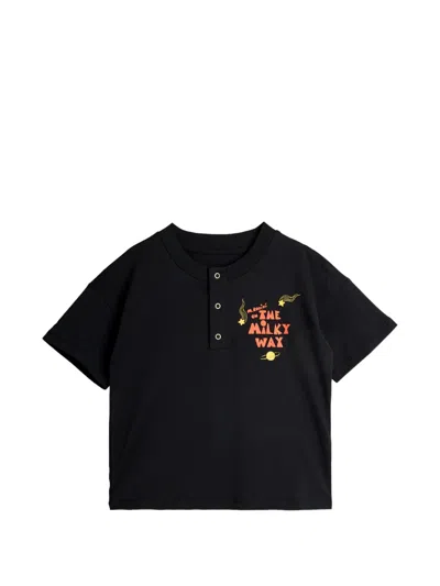 Mini Rodini Kids' Half-button Graphic-prit T-shirt In Black