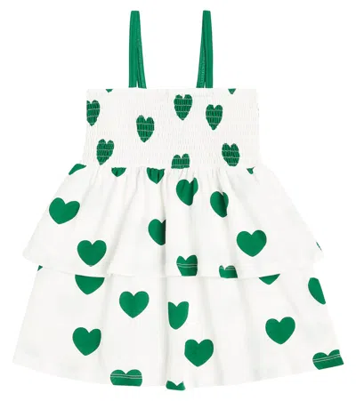 Mini Rodini Kids' Hearts Shirred Tiered Cotton Dress In White