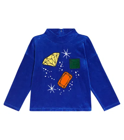 Mini Rodini Kids' Jewels Appliqué Velour Sweater In Blue