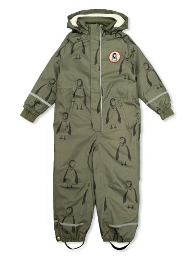 Mini Rodini Kids' Kebnekaise Penguin Snowsuit In Green
