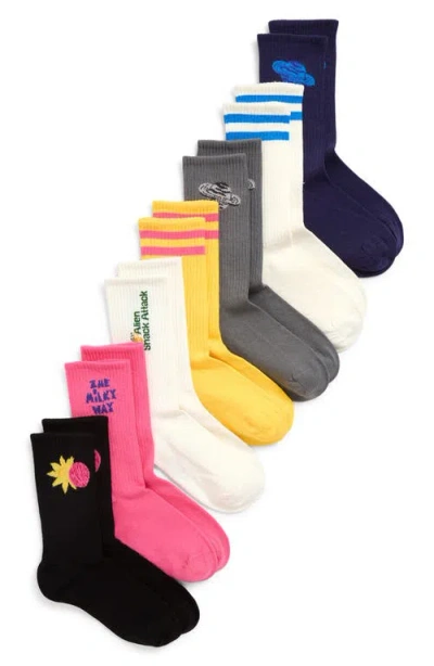 Mini Rodini Kids' Assorted 7-pack Alien Crew Socks In White