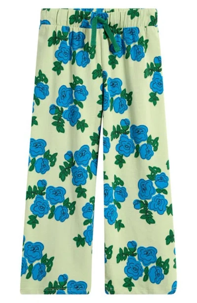 Mini Rodini Kids' Blue Roses Print Floral Knit Drawstring Pants In Green