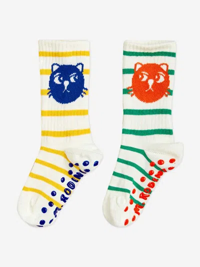 Mini Rodini Kids Cat Striped 2-pack Anti-slip Socks In Neutral