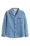 Mini Rodini Kids' Embroidered Hearts Organic Cotton Denim Button-up Shirt