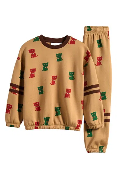 Mini Rodini Kids' Kitten Print Sweatshirt & Joggers Set In Neutral