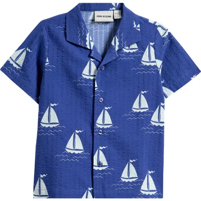Mini Rodini Kids' Sailboat Print Short Sleeve Organic Cotton Button-up Shirt