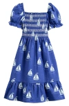 Mini Rodini Kids' Sailboat Print Smocked Organic Cotton Dress
